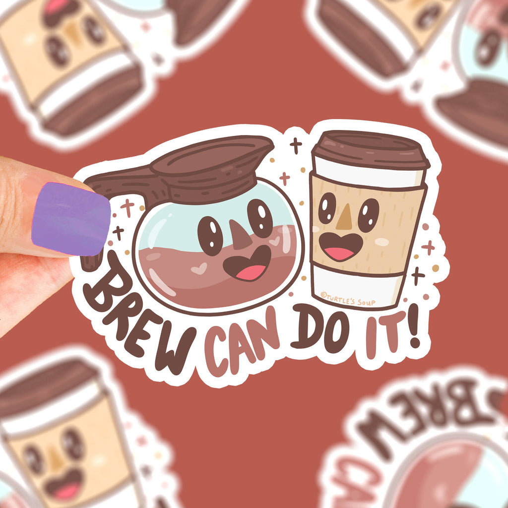 Sticker featuring cartoon coffee characters