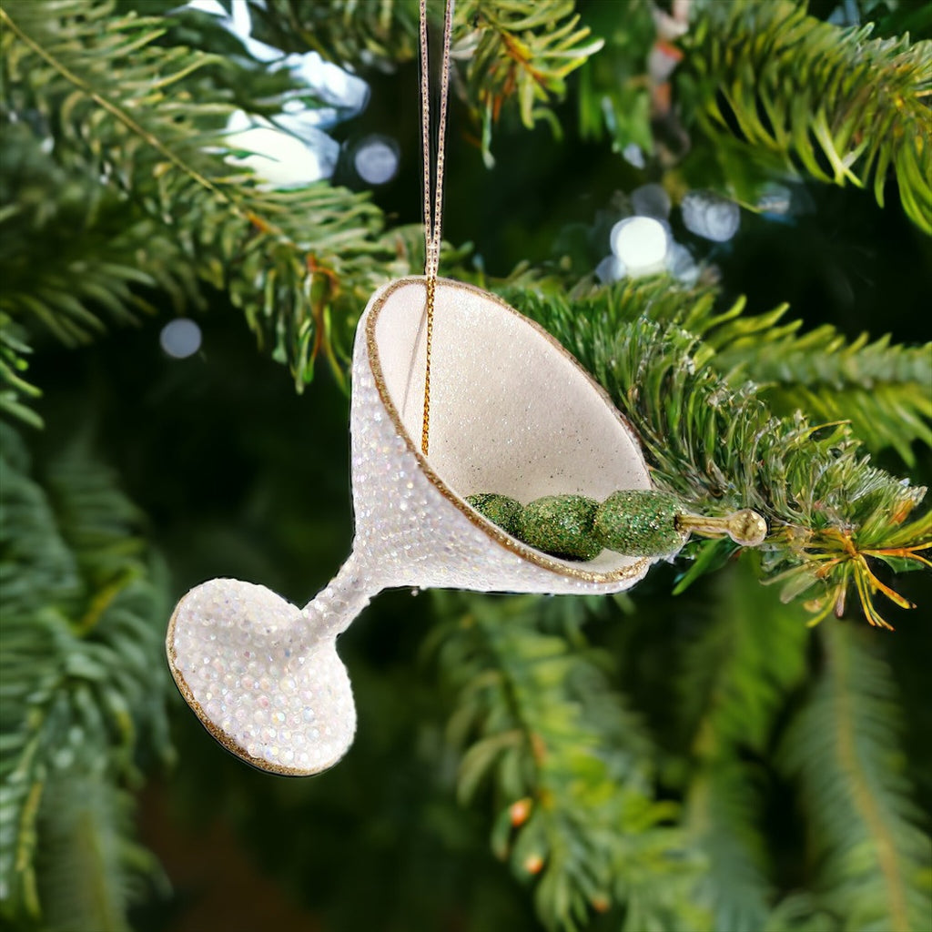 "Bedazzled Martini" ornament, featuring glittering rhinestones and a fun design, perfect for cheeky and unique holiday decor.