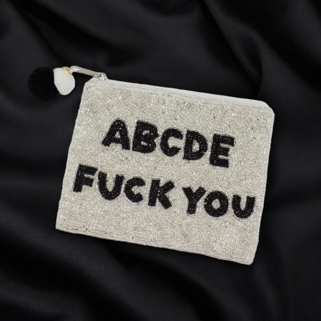 Beaded pouch with the message "ABCDE FUCK YOU"