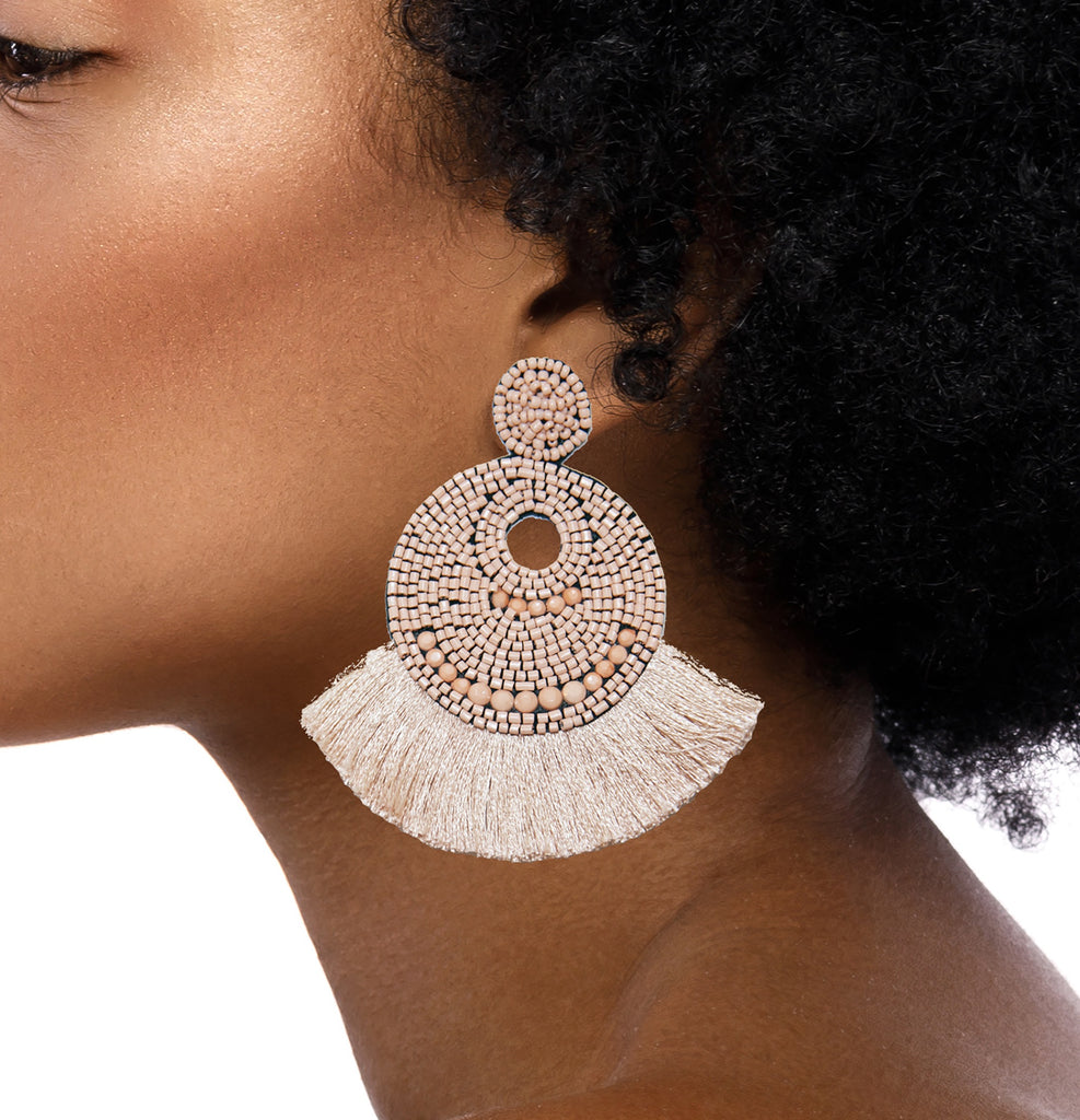 African-inspired beadwork fringe earrings in a versatile nude tone, ideal for casual and beachwear.