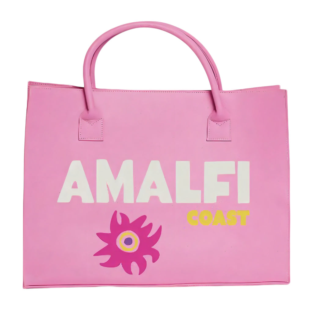 Pink vegan waterproof Amalfi Coast tote bag with bold print and floral design.