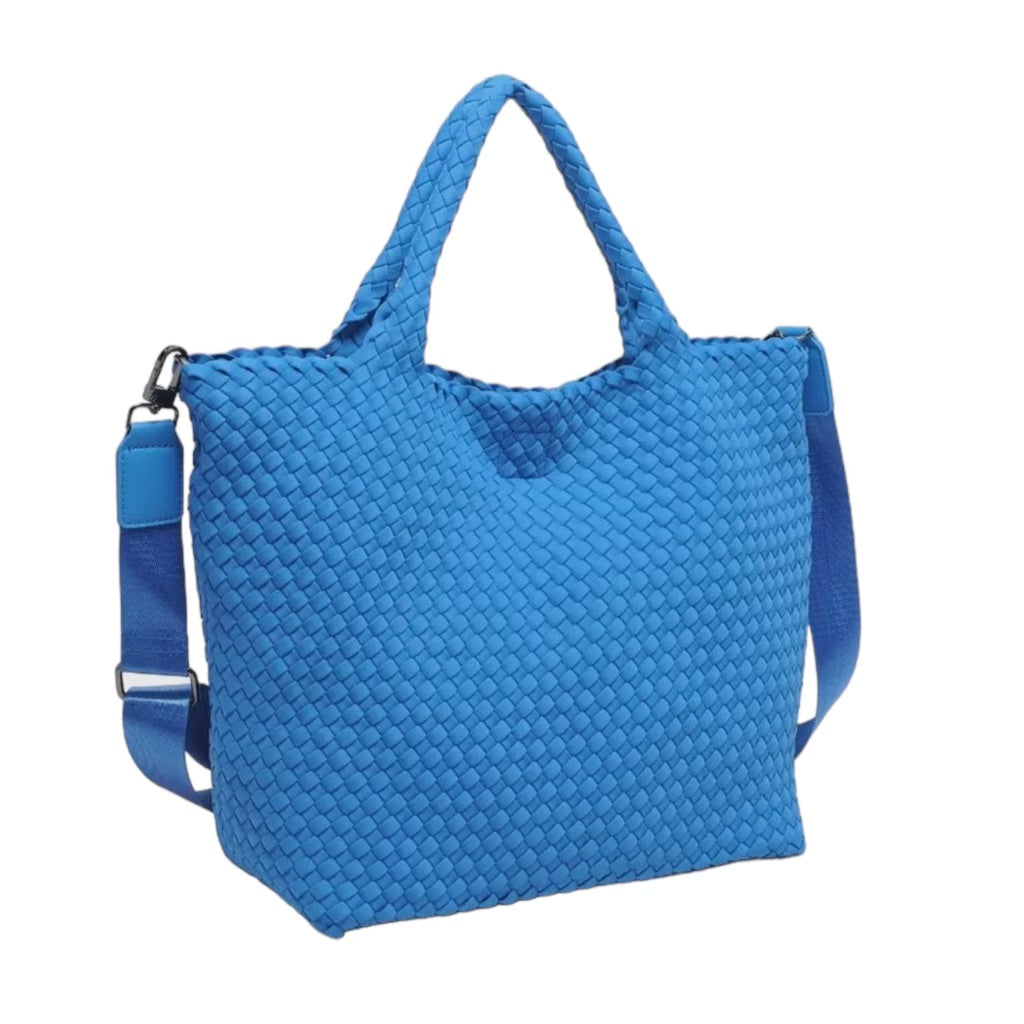 Medium-sized aqua tote bag with unique basketweave pattern, crafted from neoprene for durability and style.