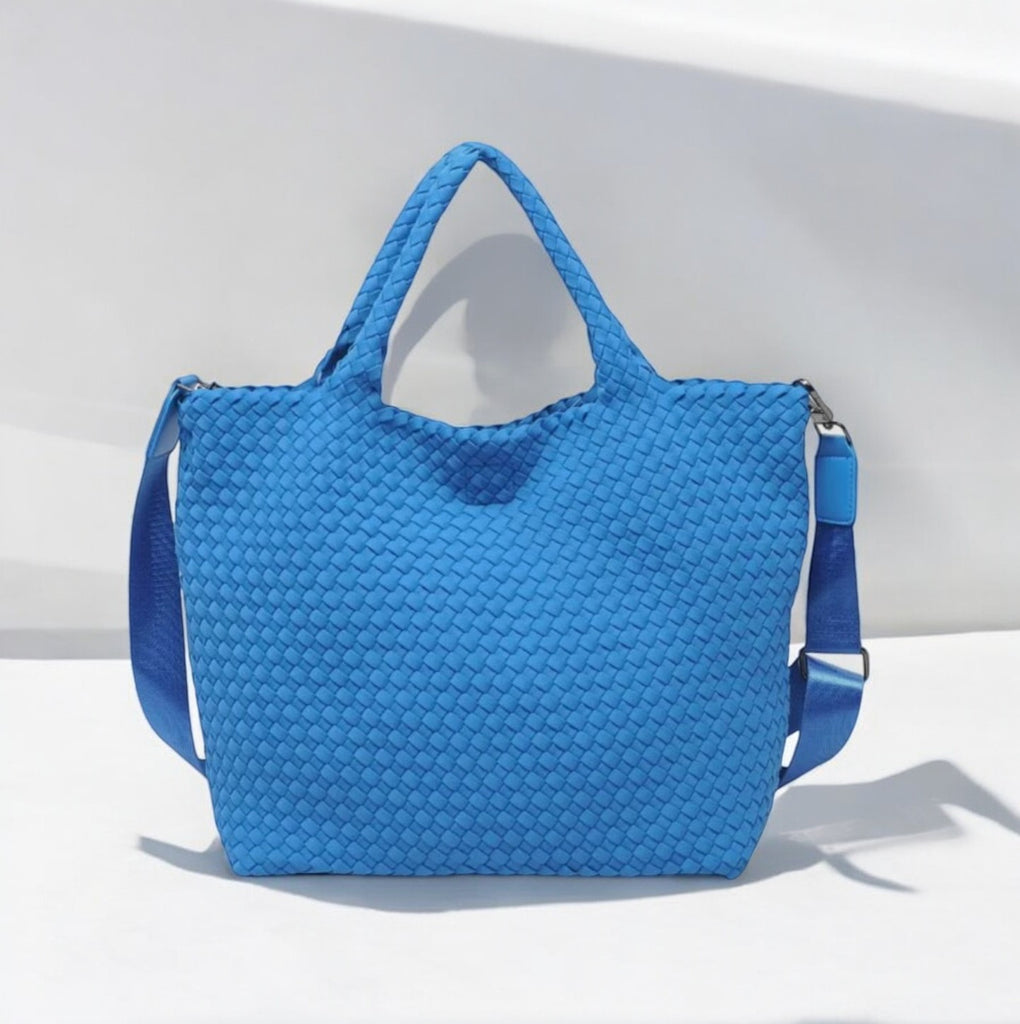 Medium aqua tote bag featuring a durable neoprene construction and a unique basketweave pattern, ideal for stylish and practical everyday use.