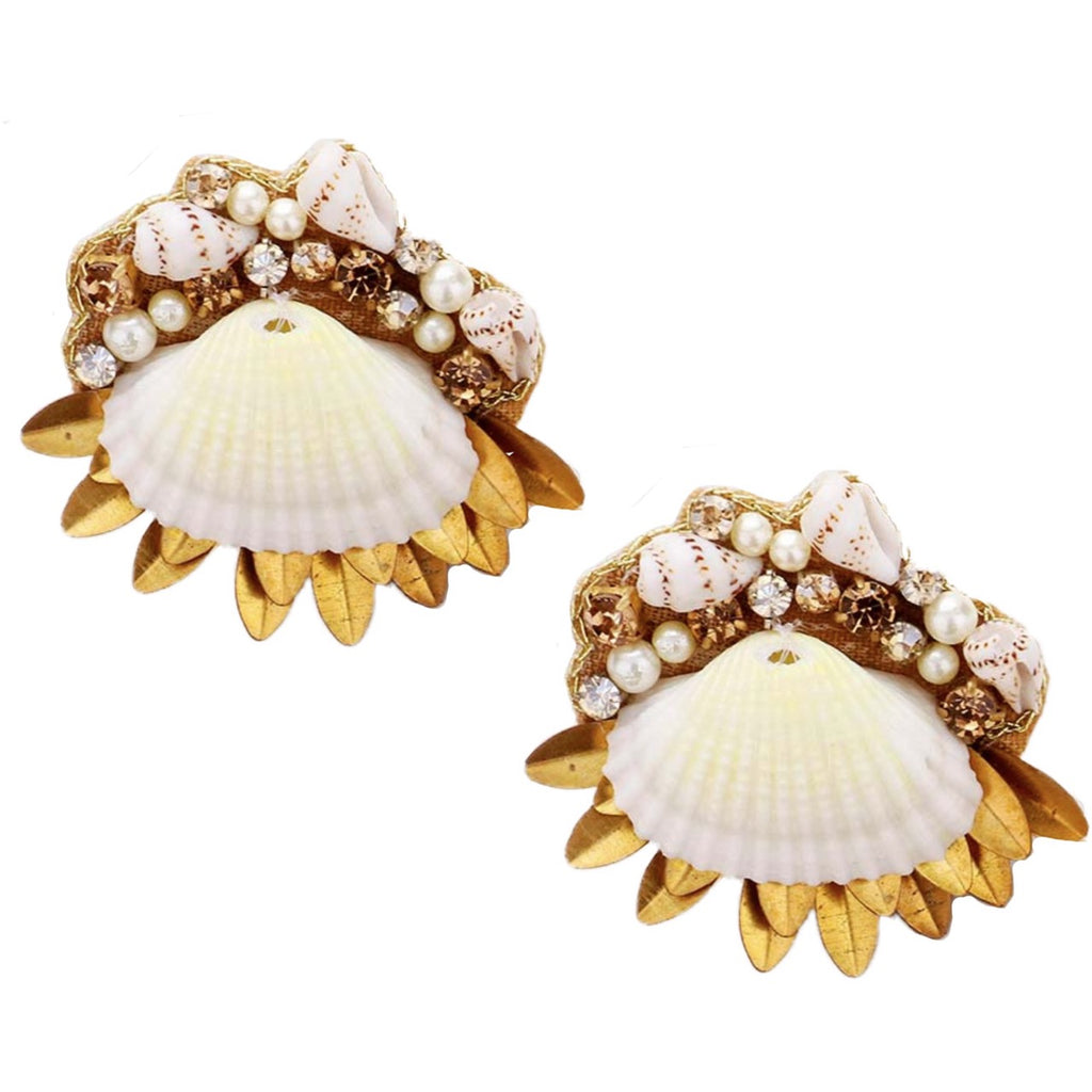 Handcrafted gold earrings with an oyster shell centerpiece, accented with rhinestones and gold leaf.