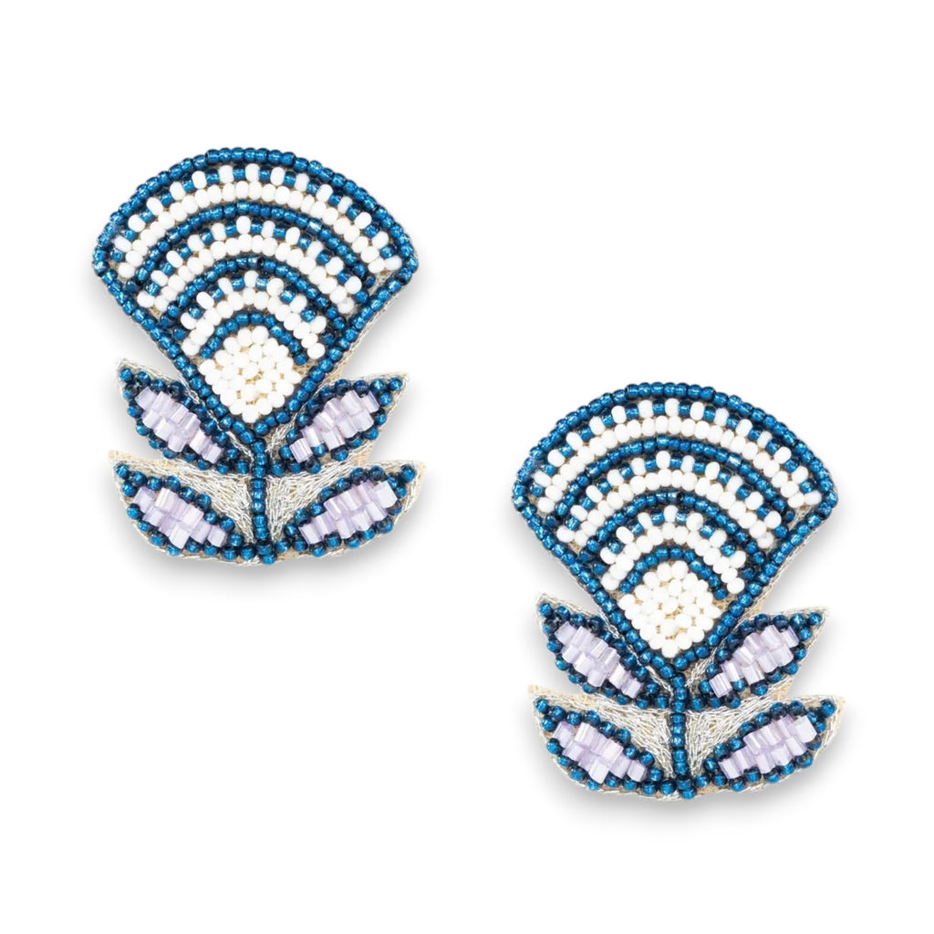 Aztec lily blue earrings with intricate beaded design.