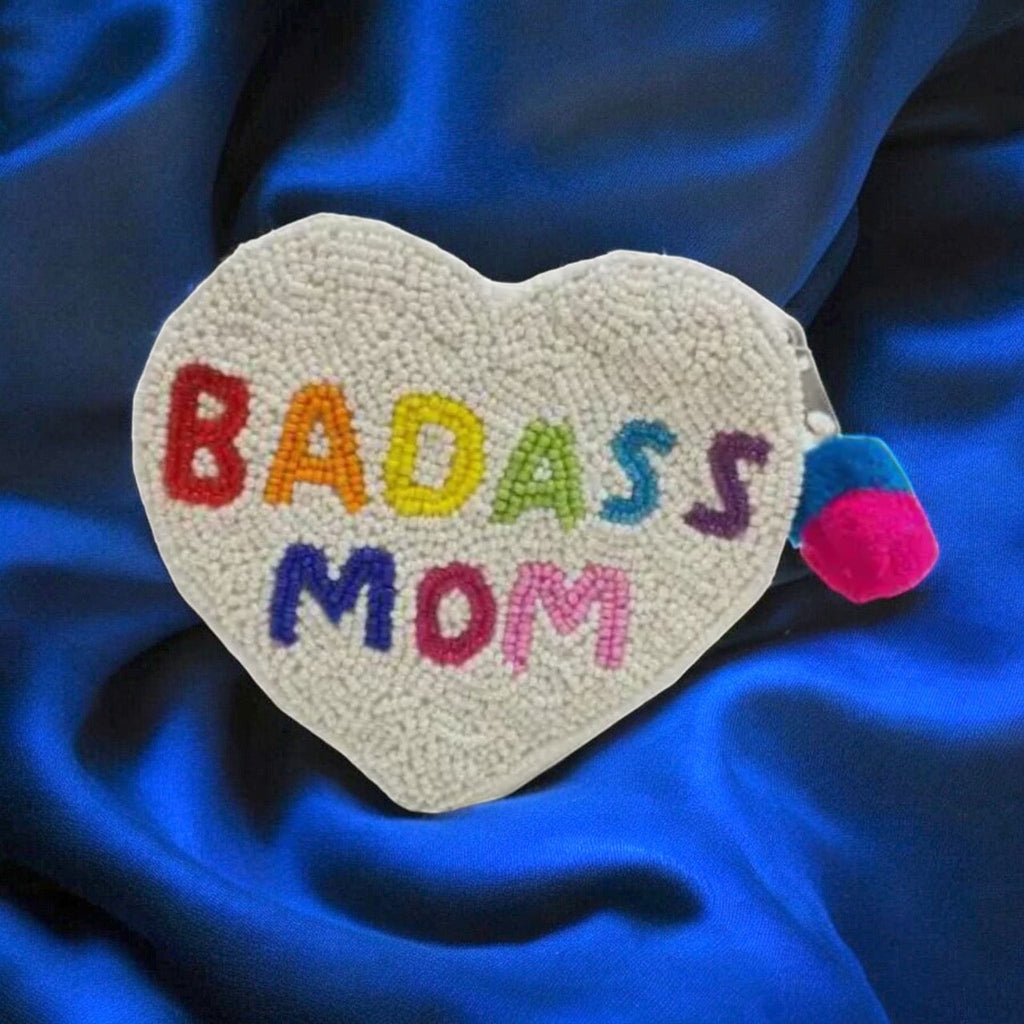 Colorful heart-shaped pouch with BADASS MOM design