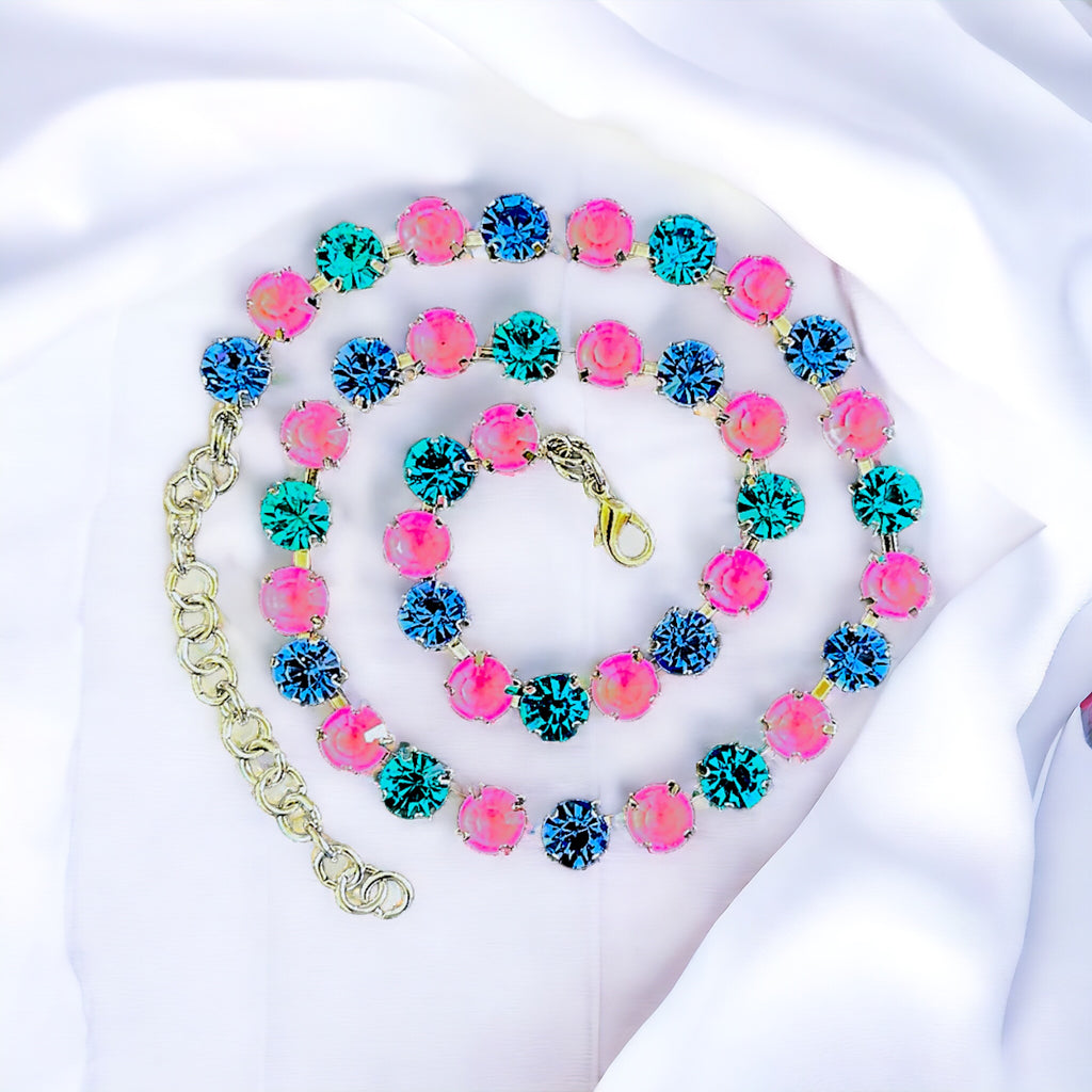 Trendy Barbiecore crystal gemstone necklace in pink and blue.