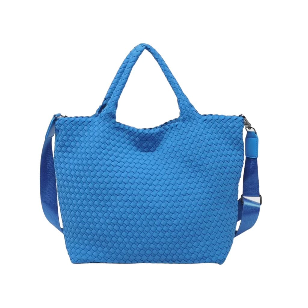 Medium aqua tote bag featuring a durable neoprene construction and a unique basketweave pattern, ideal for stylish and practical everyday use.