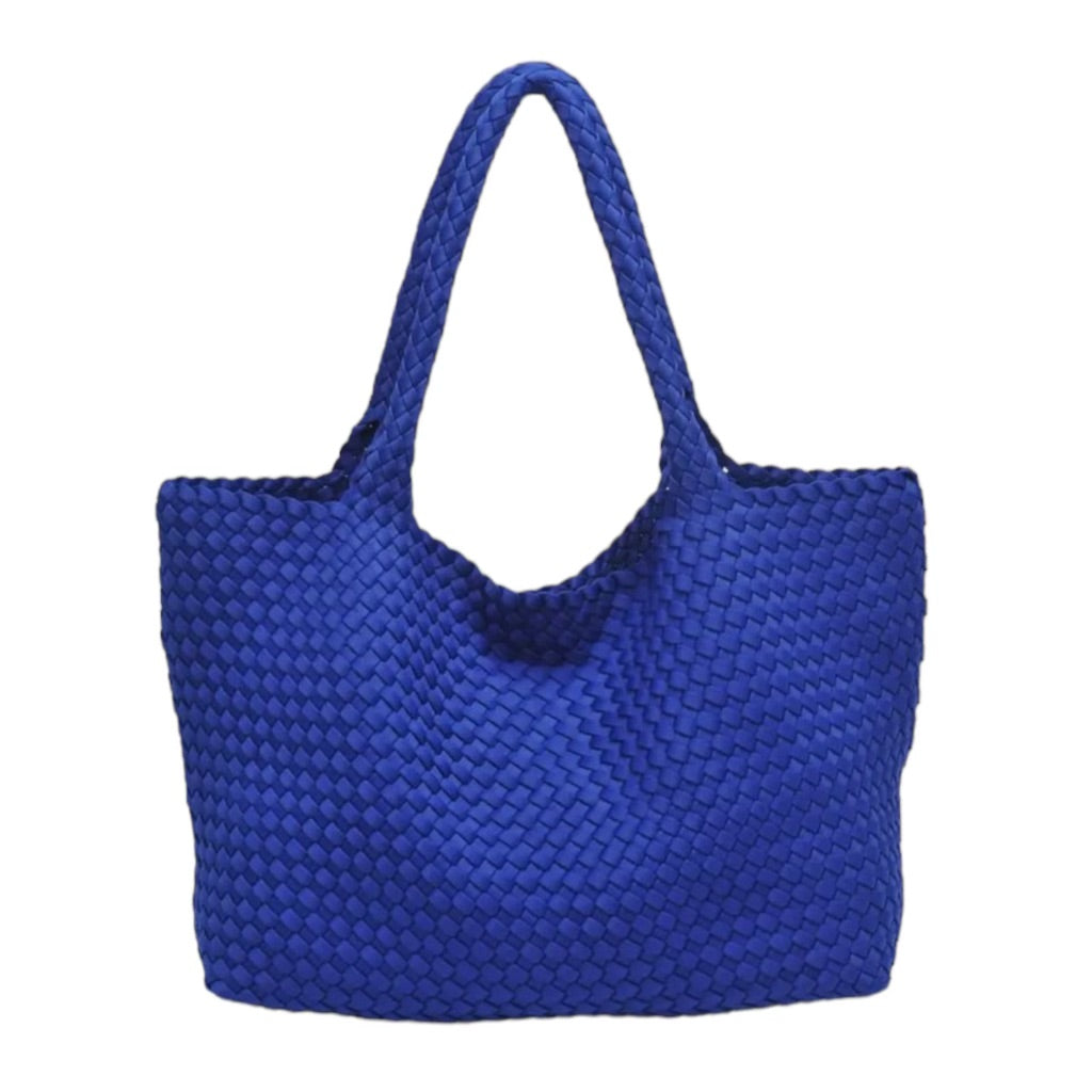 Stylish blue tote bag featuring a unique basketweave design, ideal for carrying essentials.