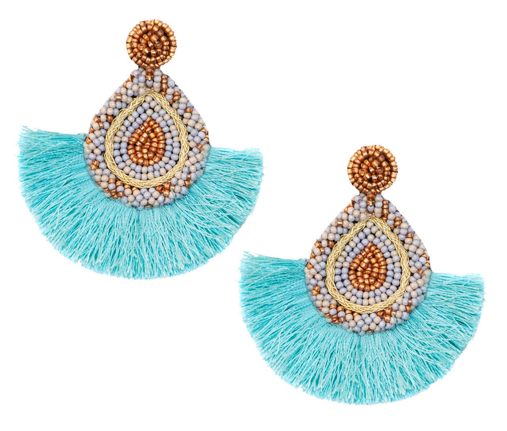 Summer Splash Aqua Earrings with silky tassel fringes and ocean-inspired hues, featuring Lightning Magic patch design.