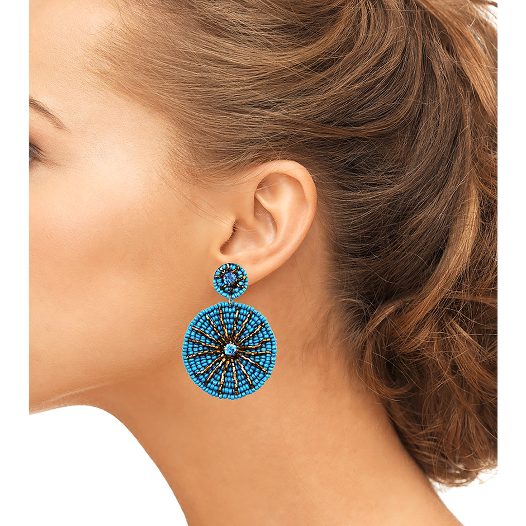 Bold and vibrant aqua statement earrings with intricate beading and a fun patch design, ideal for evening or casual wear.