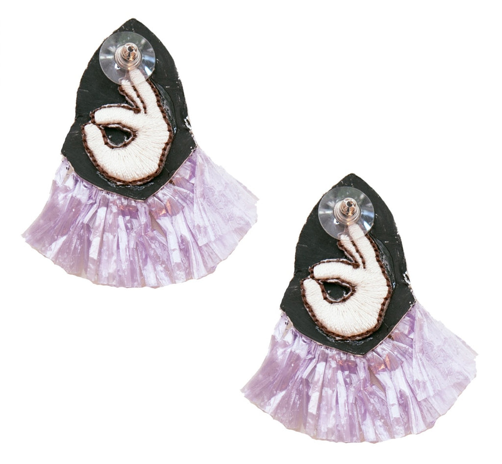 Handcrafted purple fringe earrings with intricate beading and unique "A-OK" patch design.