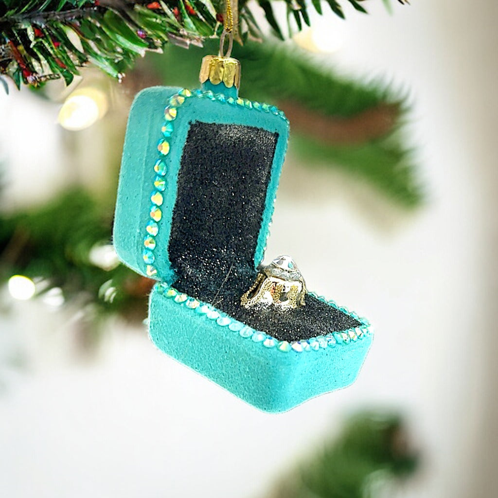 Sparkly and sassy ring in a box ornament for christmas.