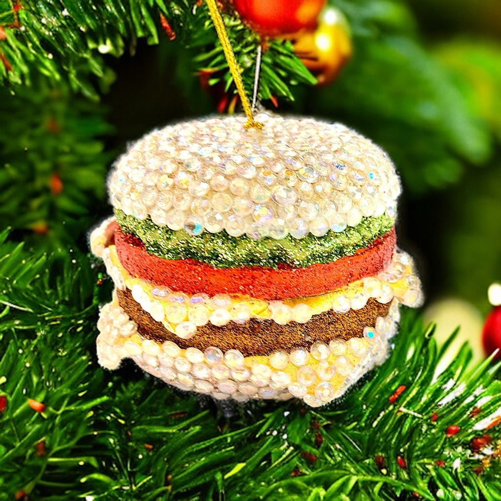 Bejeweled cheeseburger ornament with sparkling jewels, perfect for adding a quirky and glamorous touch to your Christmas tree.