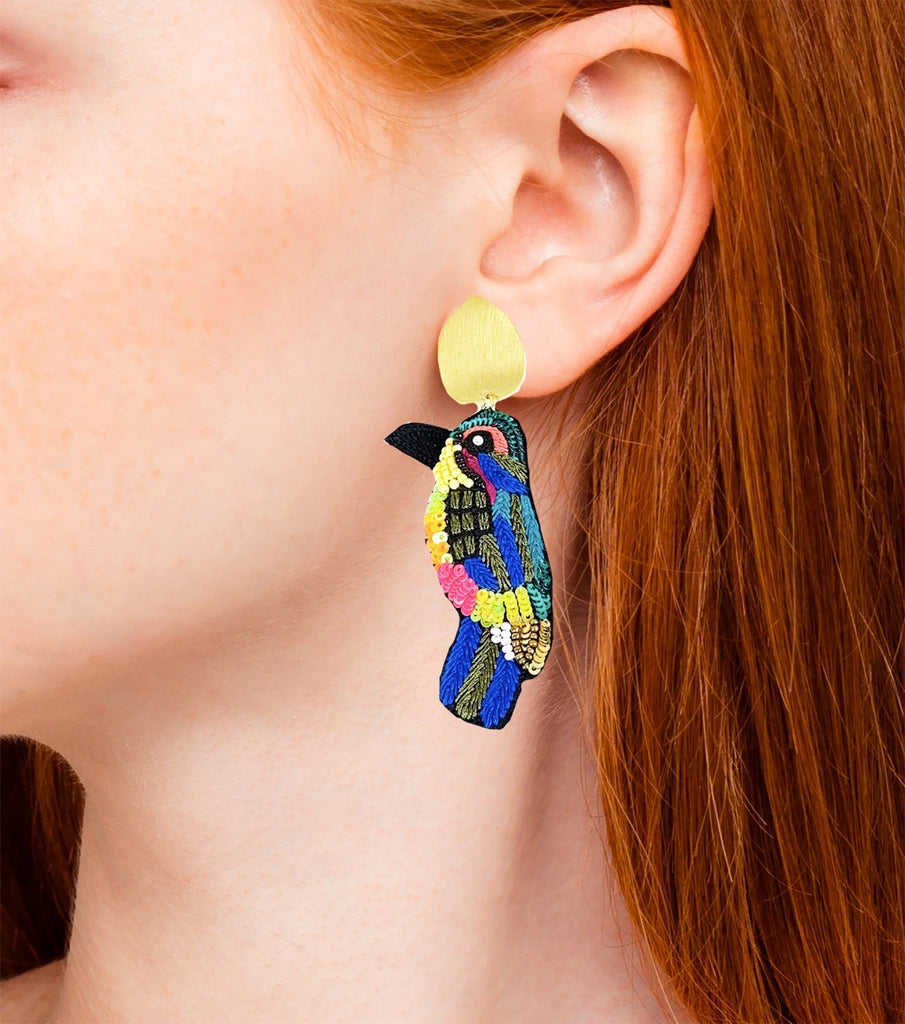 Colorful sequin feather bird earrings featuring a spread peace patch design, hypoallergenic.