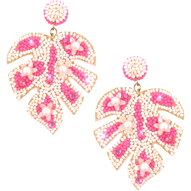 Statement earrings with a nature-inspired leaf design, pink Swarovski stones, and a playful "Not Today" patch.