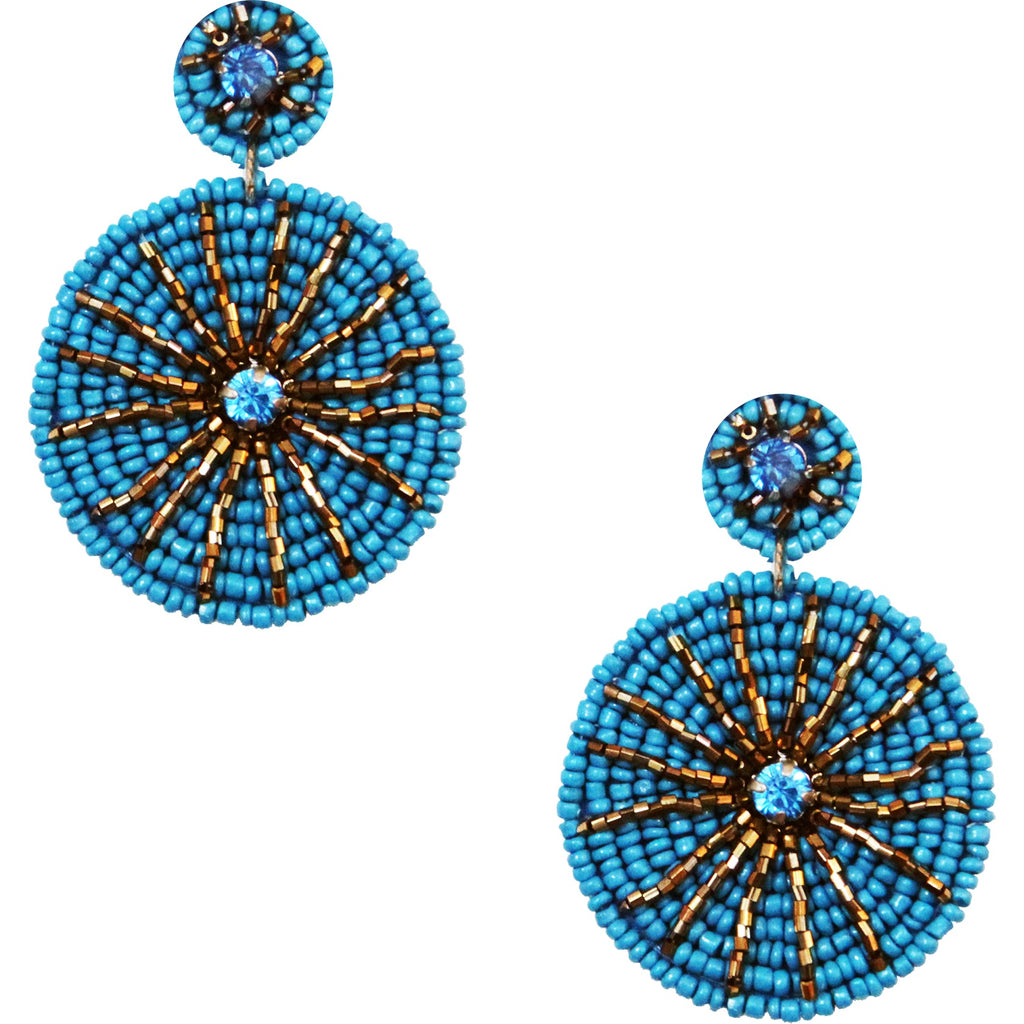 Shiny aqua earrings with a bold starburst pattern and a sassy "Bad Bitch" patch, perfect for adding sparkle to any outfit.