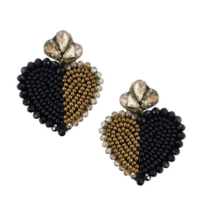 Black and gold heart-shaped earrings featuring a bold "Grl Pwr" design, perfect for stylish empowerment.