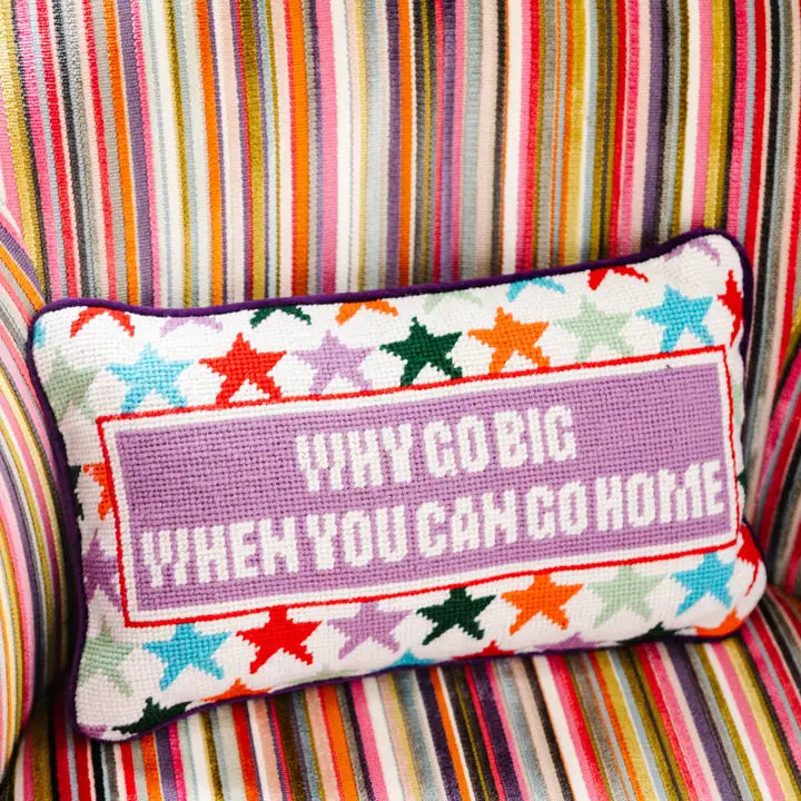 Playful needlepoint pillow featuring a fun quote and colorful design, made with durable wool and soft cotton velvet.