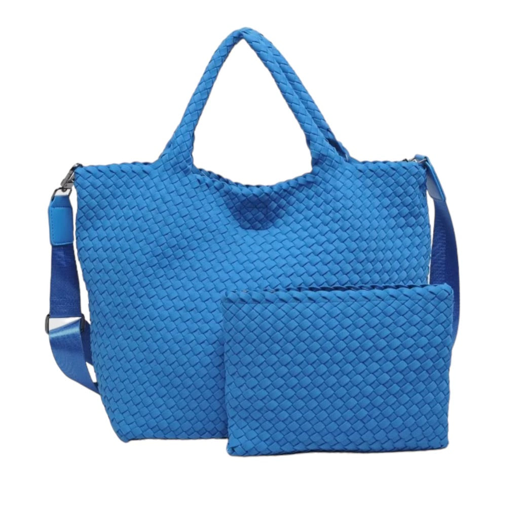 Vibrant aqua basketweave neoprene tote bag with spacious interior and durable design, perfect for beach or casual outings.