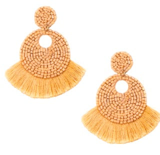 Boho-inspired camel fringe earrings with playful tassels and trendy patch design.