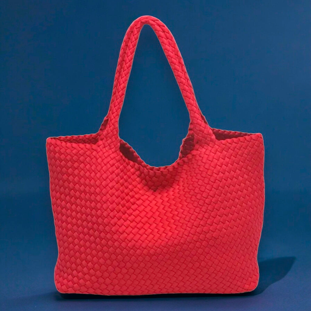 Cherry red basketweave Bottega Venetta inspired tote bag.