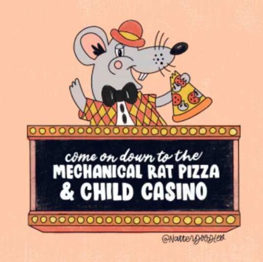 Colorful cartoon mouse promoting pizza