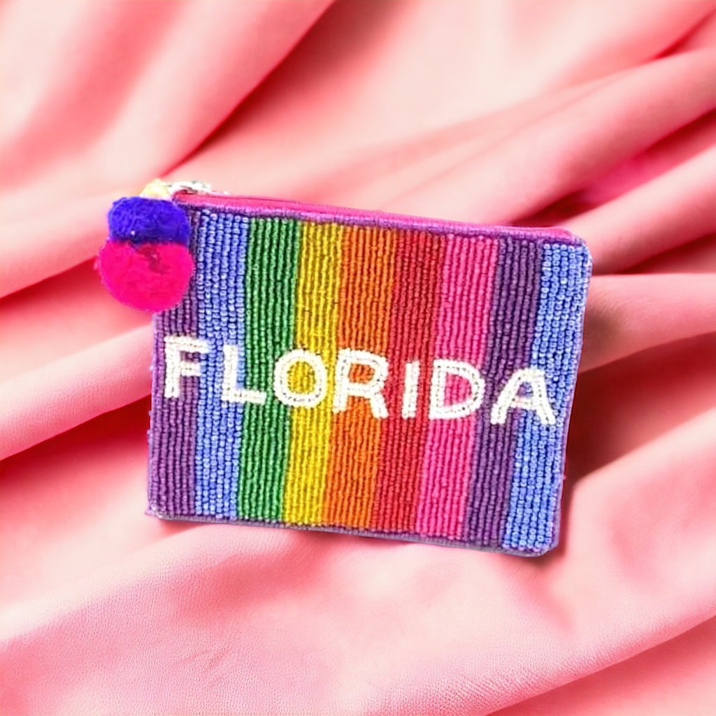 Florida Beaded Pouch with vibrant rainbow stripes and "Florida" lettering, handcrafted for a unique look.