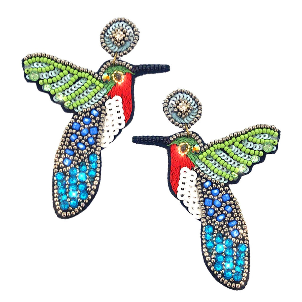 Artistic earrings featuring a hummingbird design, meticulously crafted with colorful beads and a symbolic "Peace and Love" patch.