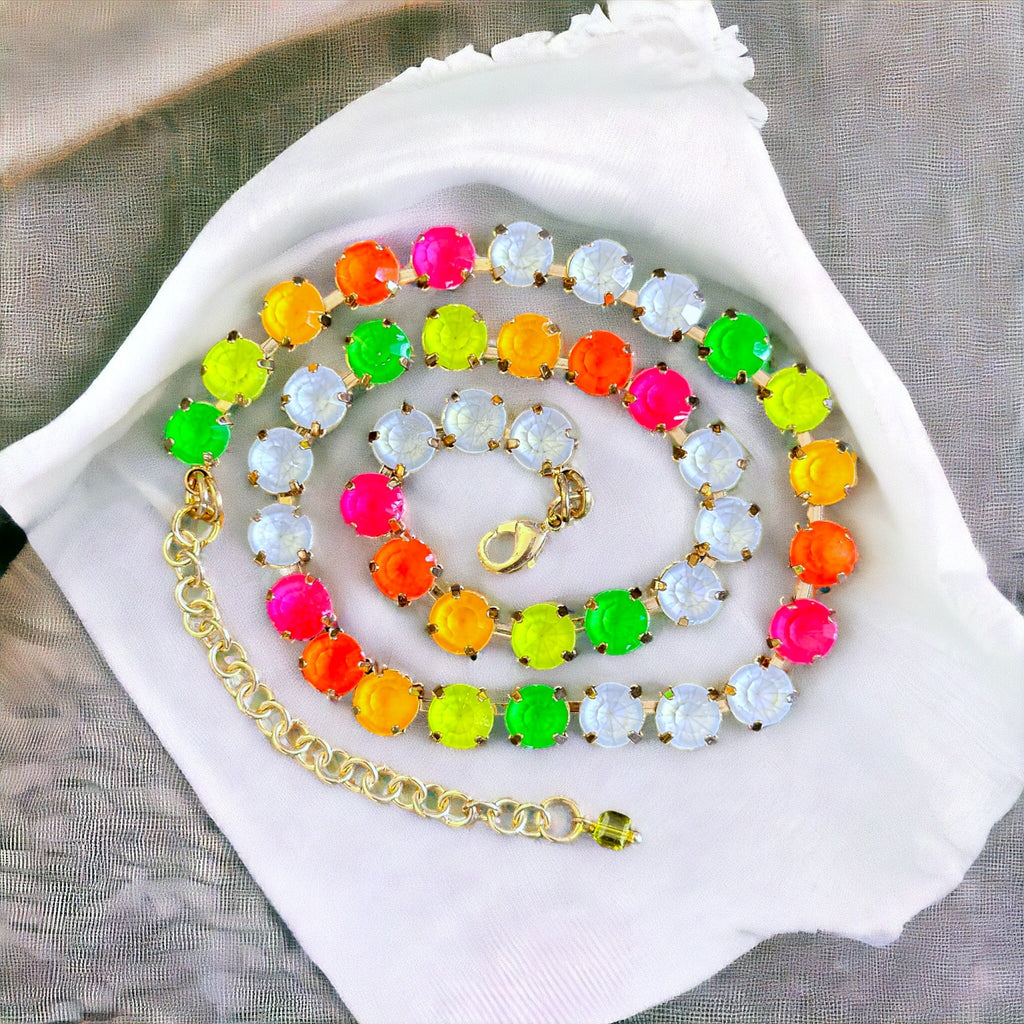 Crystal gemstone necklace with vibrant neon colors that pop, perfect for adding a touch of sparkle to any outfit.

