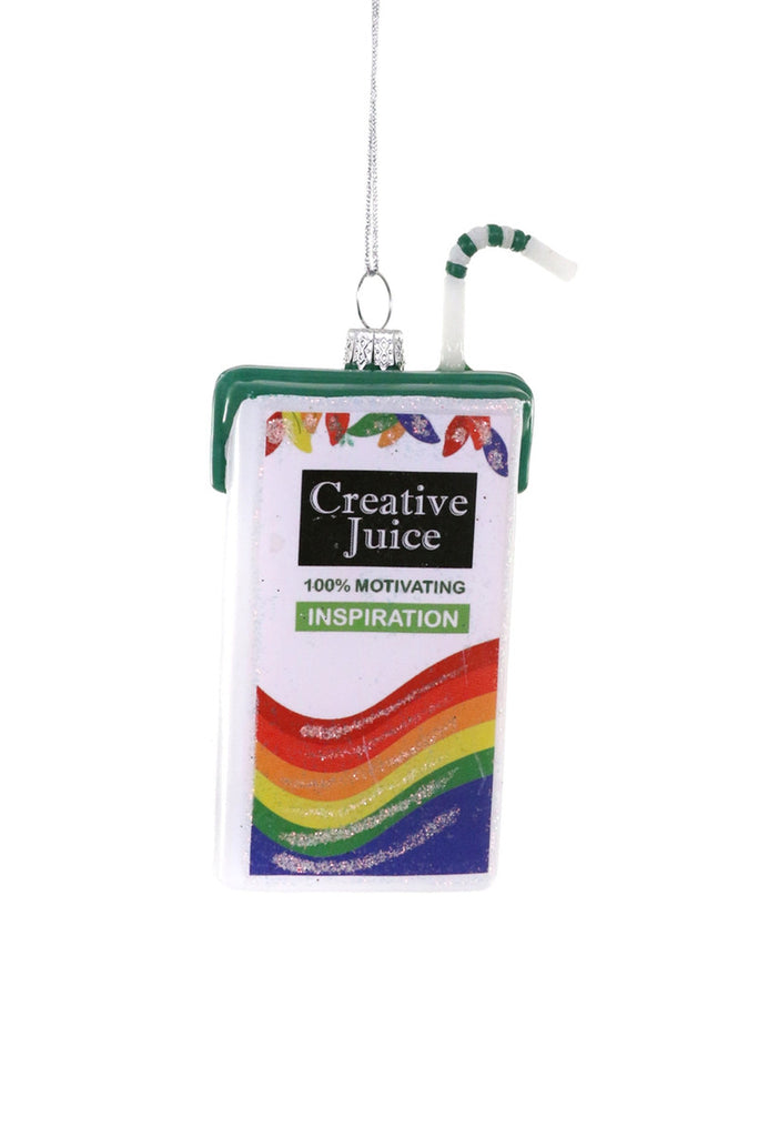 Colorful juice box ornament made from glass, perfect for adding a creative flair to your holiday tree decor.