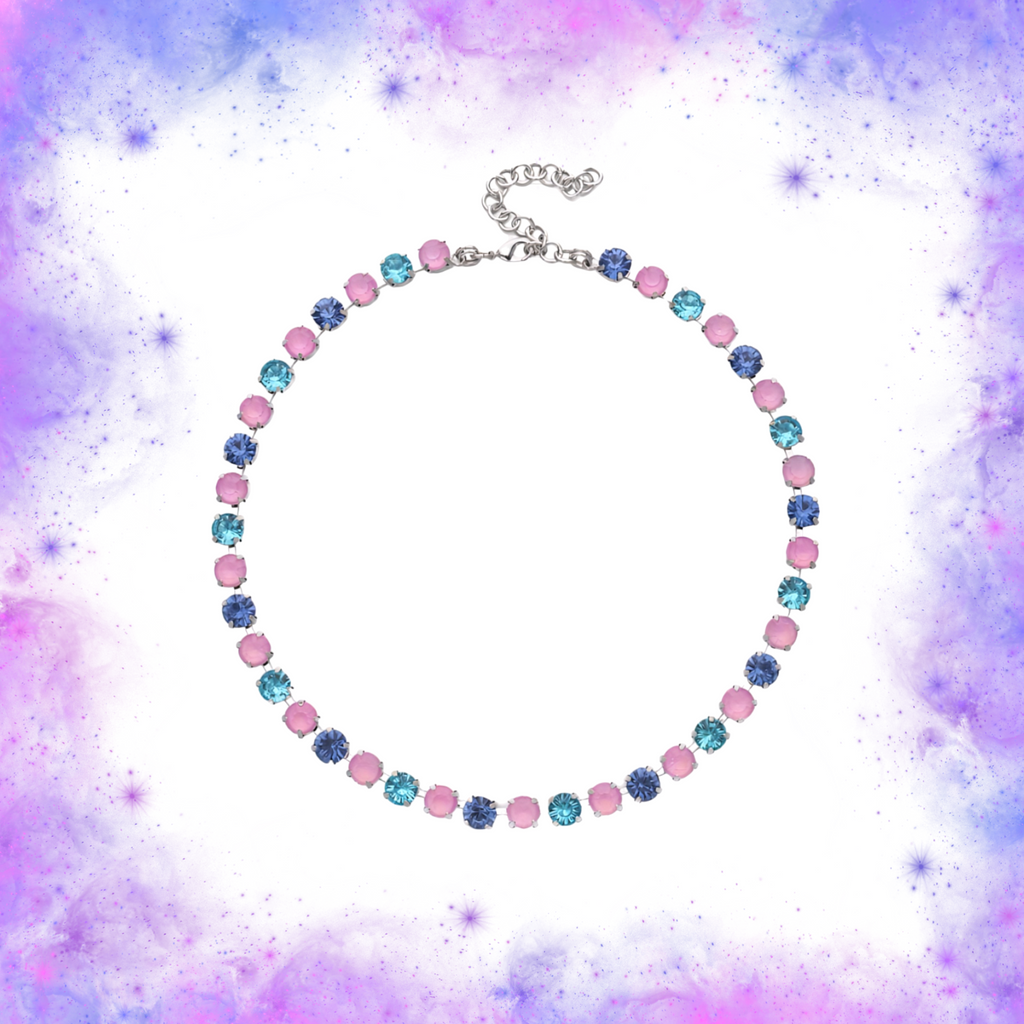 Crystal Gemstone Barbiecore Necklace with pink and blue gemstones.