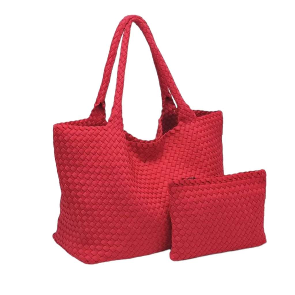 Cut red basketweave tote bag with accompanying pouch.