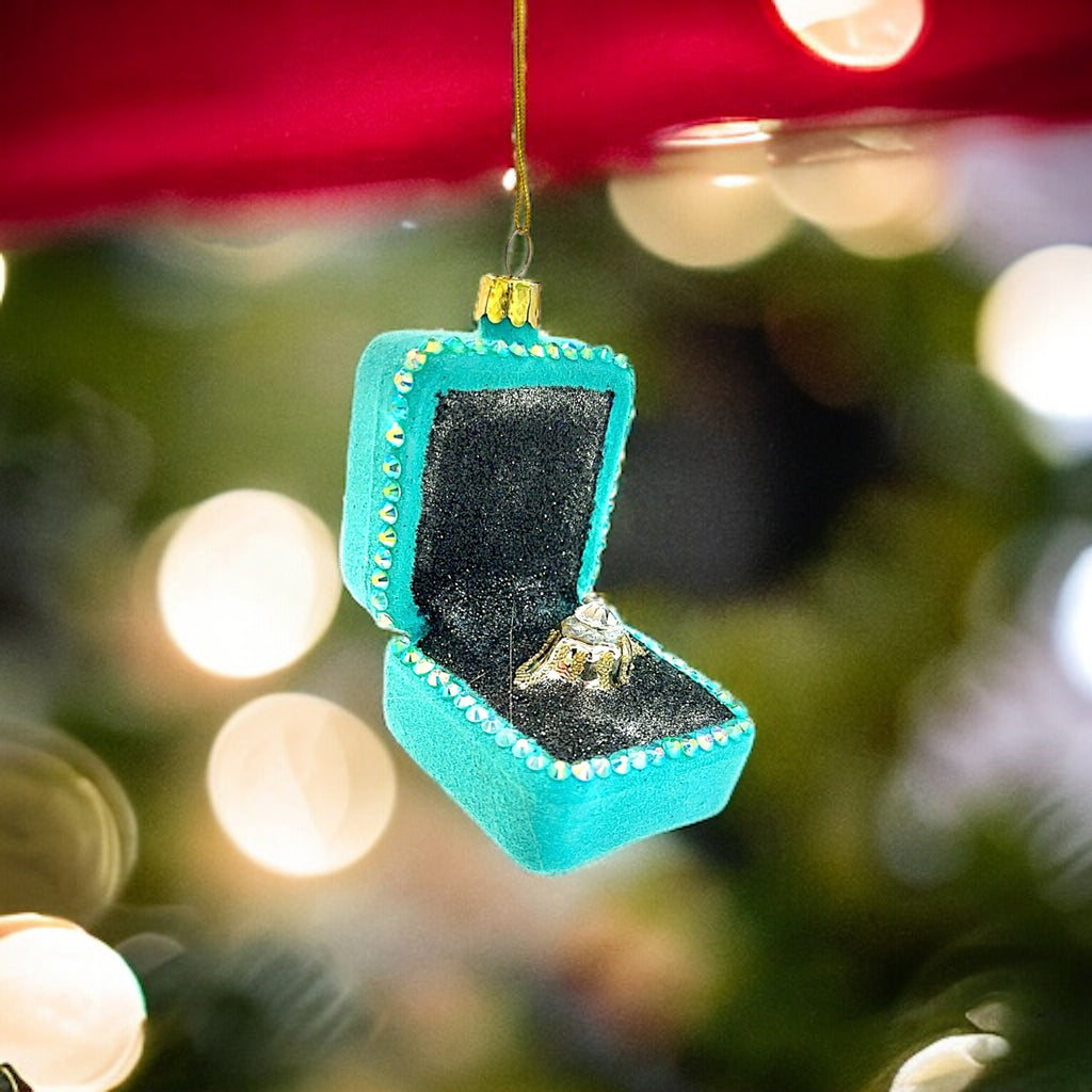 Glass diamond ring ornament in a presentation box design, perfect for holiday decor.