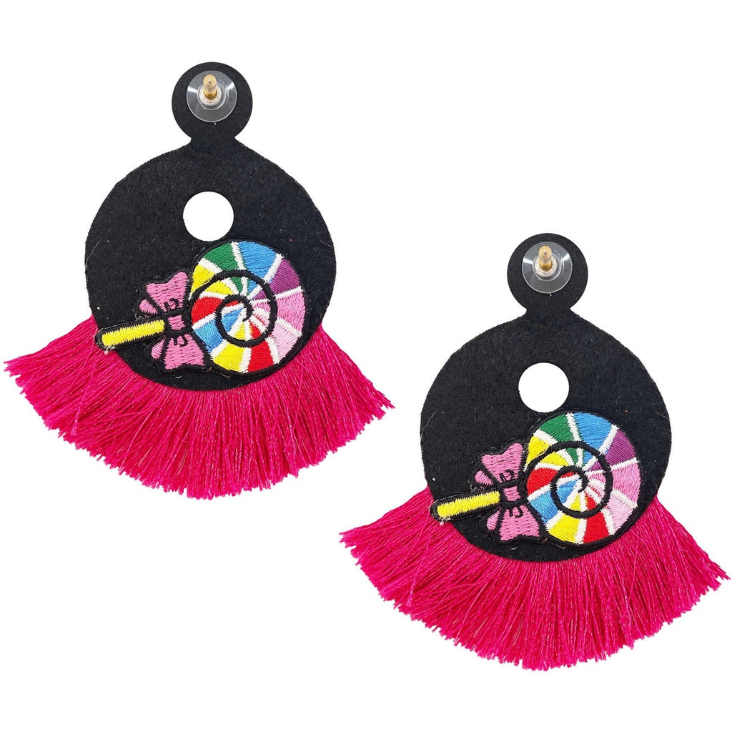 Bold fuchsia earrings featuring a playful fringe and whimsical lollipop design.