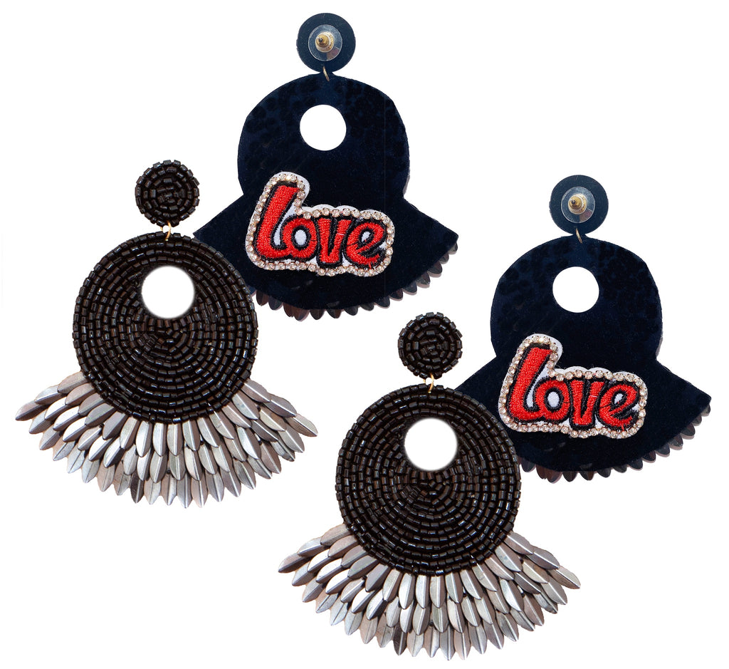 Black disco statement earrings with hypoallergenic materials and unique "Love" patch design.