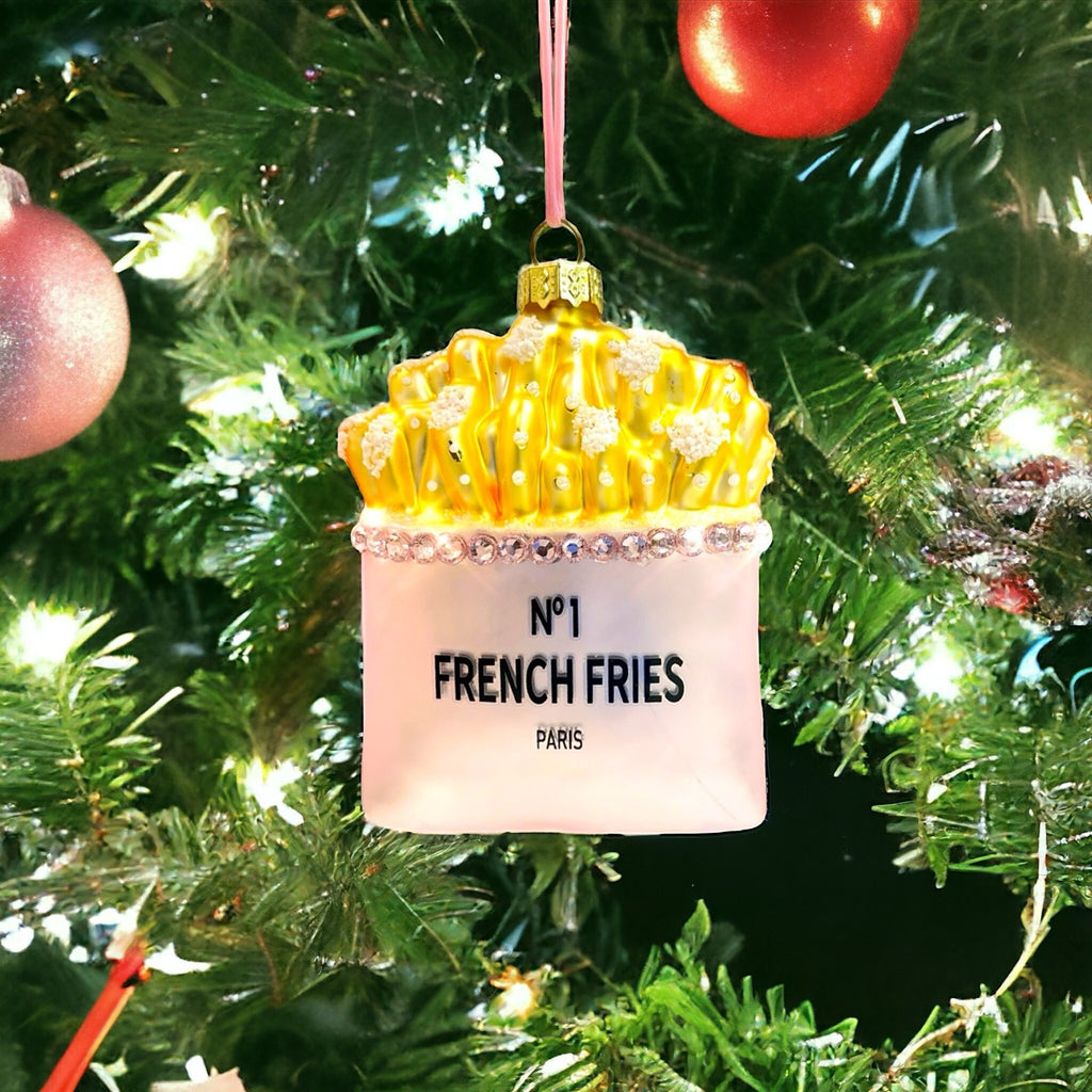 "Designer French Fries" ornament featuring a glass container and golden fries, ideal for unique holiday decor.