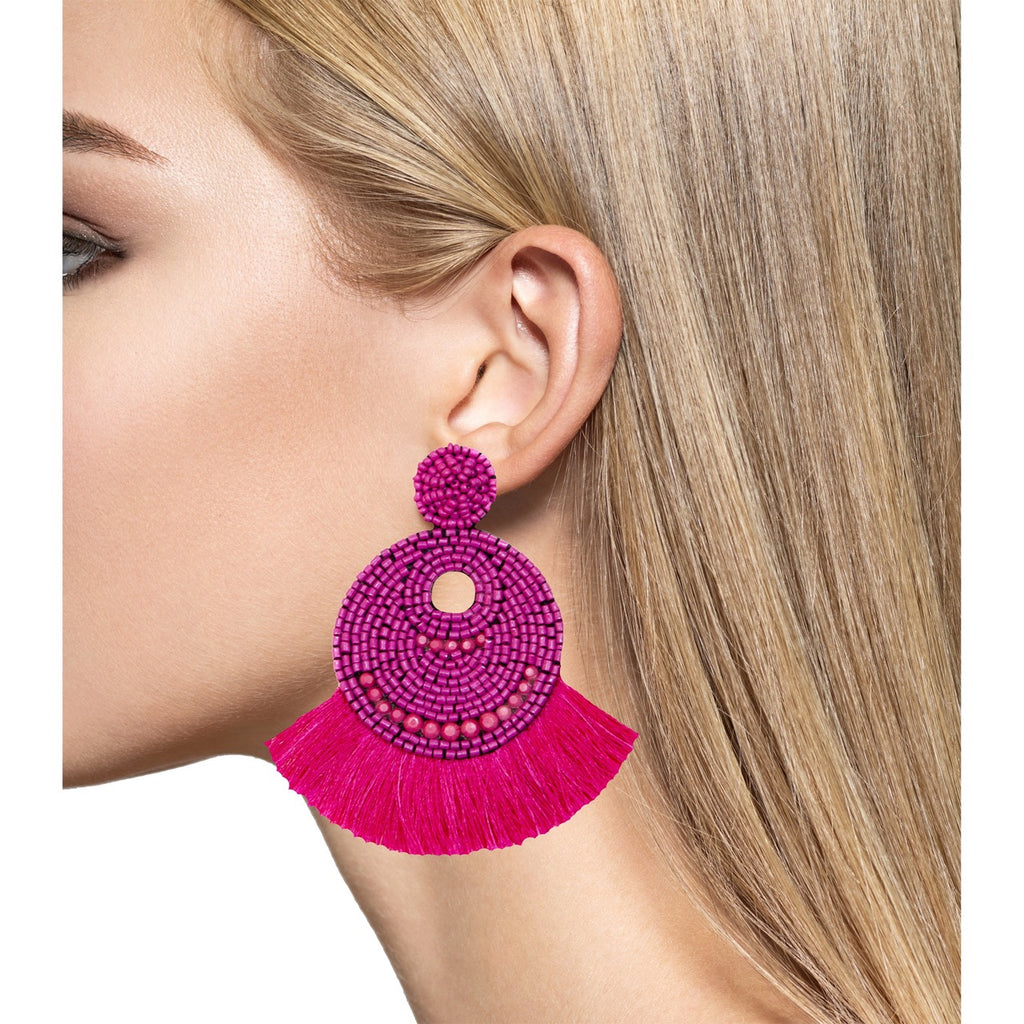 Dangling fringe earrings in magenta with rainbow accents, ideal for event wear.