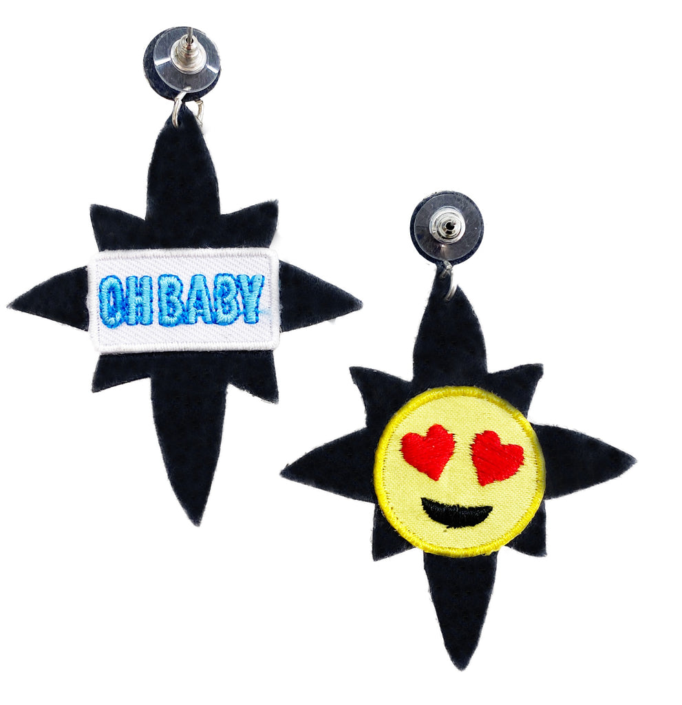 Chic star earrings with 'Oh Baby' and Heart Eyes Emoji patches, designed for elegant or playful styling.