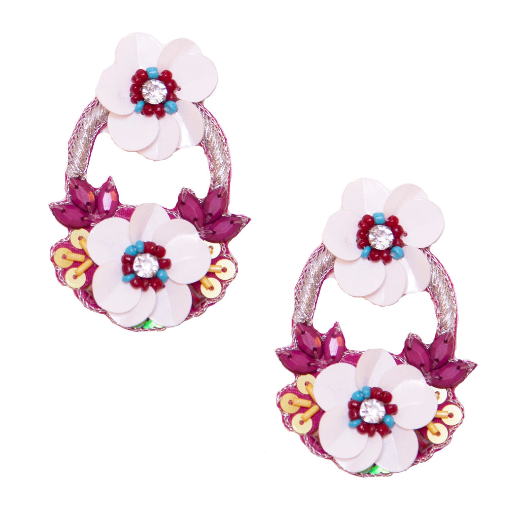 Full Bloom Magenta Earrings featuring floral embroidery and a fun patch design, lightweight and stylish.