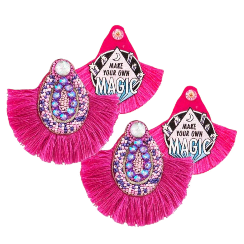 Enchantress Fuchsia Fan Earrings with hand-beaded designs.