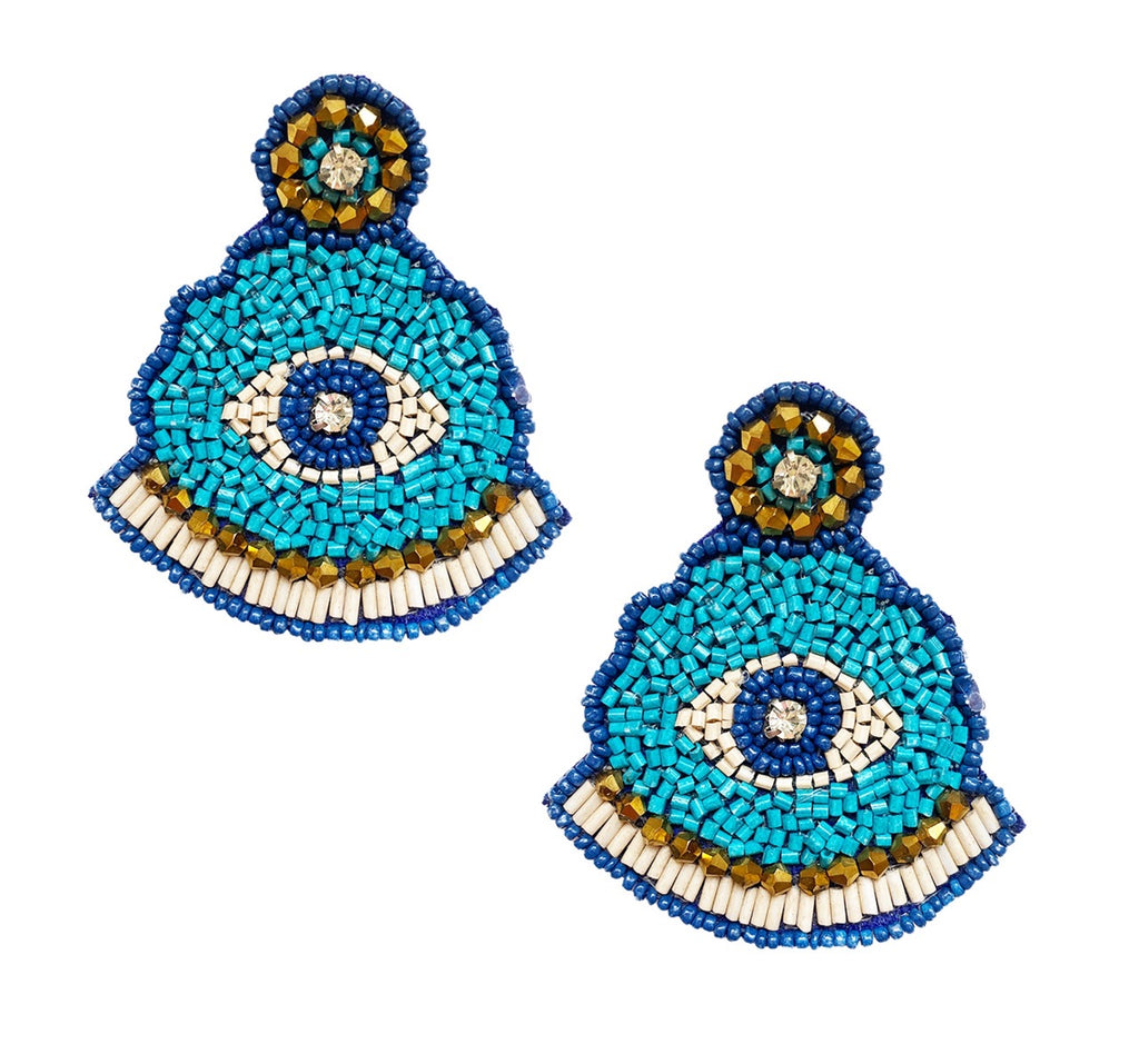 Mystical blue and bronze earrings featuring an evil eye for good luck and a fun patch for personality.