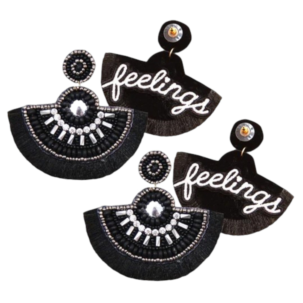 Black onyx fan earrings with beaded design and "Feelings" patch, perfect for making a bold fashion statement.