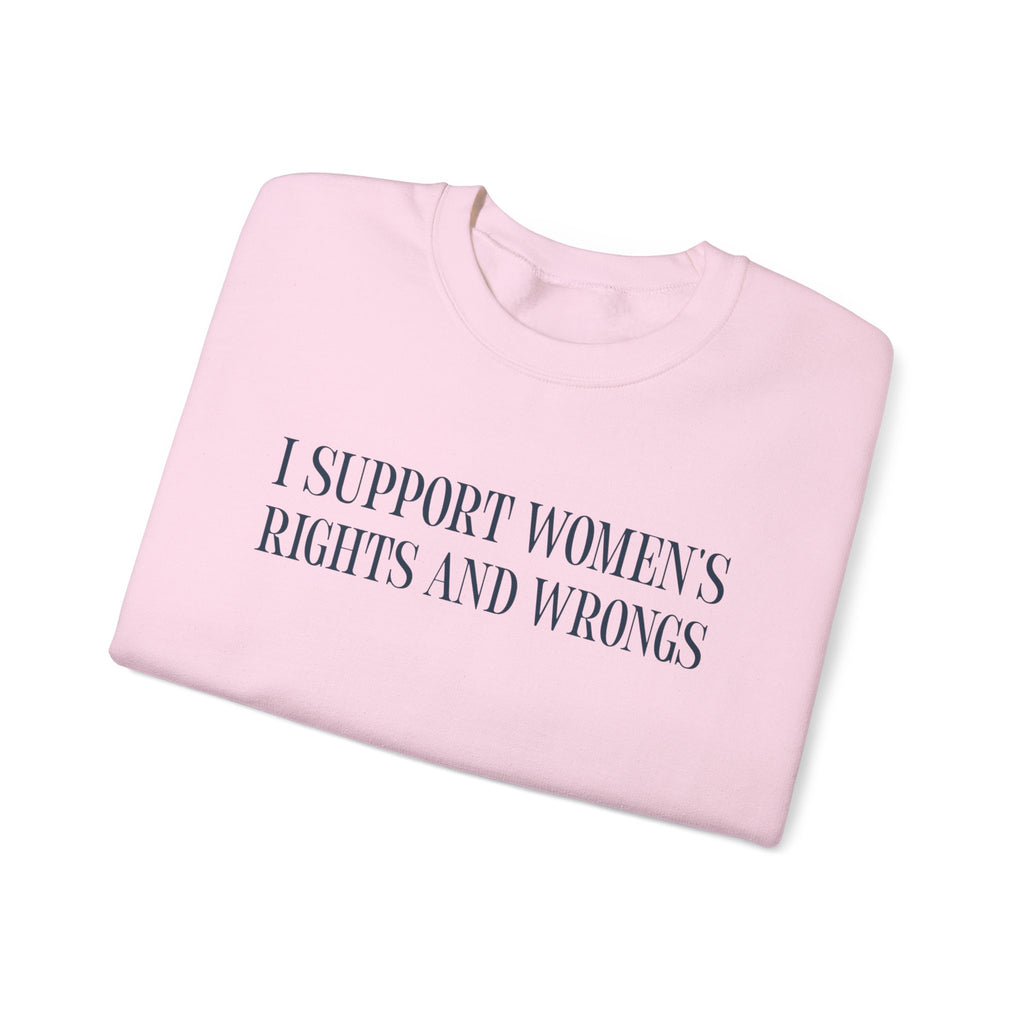 Feminist message crewneck in light pink, unisex, shown in flat lay.