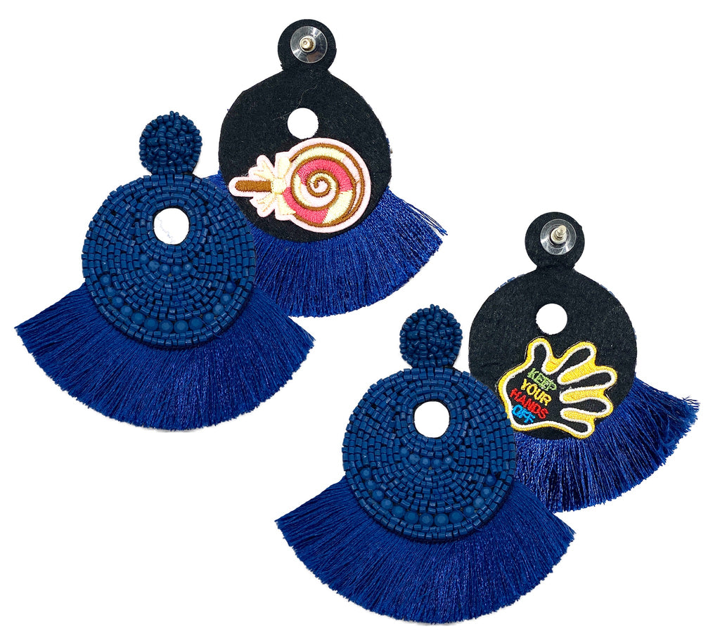 Fringe Benefits Navy Earrings with tassels and "Keep Your Hands Off (My Candy)" patch, hypoallergenic and handcrafted.