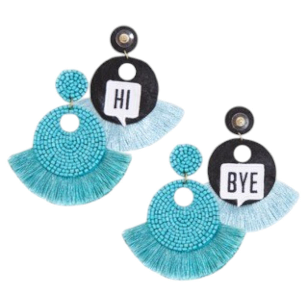 Fringe Benefits Petit Aqua Earrings with tassels and "Hi / Bye" patch, hypoallergenic and handcrafted.