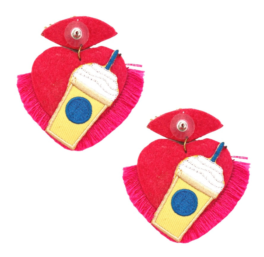 Bold and colorful heart-shaped earrings with intricate beadwork and a fun patch detail, perfect for fashion-forward looks.