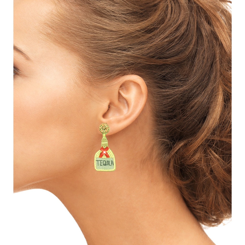 Statement earrings featuring tequila bottle and lime design in vibrant beads.