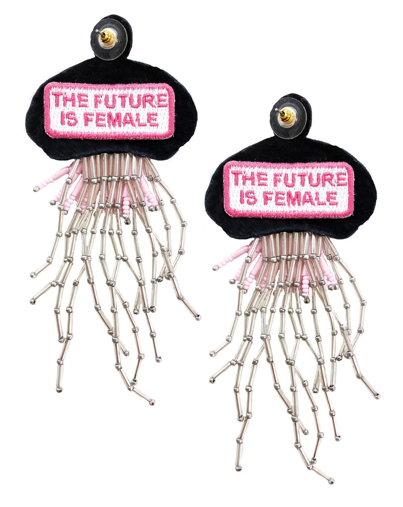 Bold statement jellyfish earrings with "The Future Is Female" patch, a unique and empowering accessory.