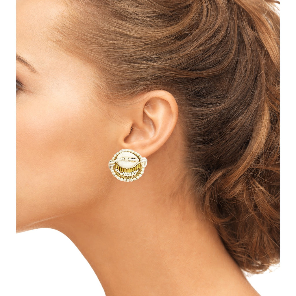 Trendy cowrie shell earrings with elegant gold beadwork and a bold "Get Even" patch for a statement look.